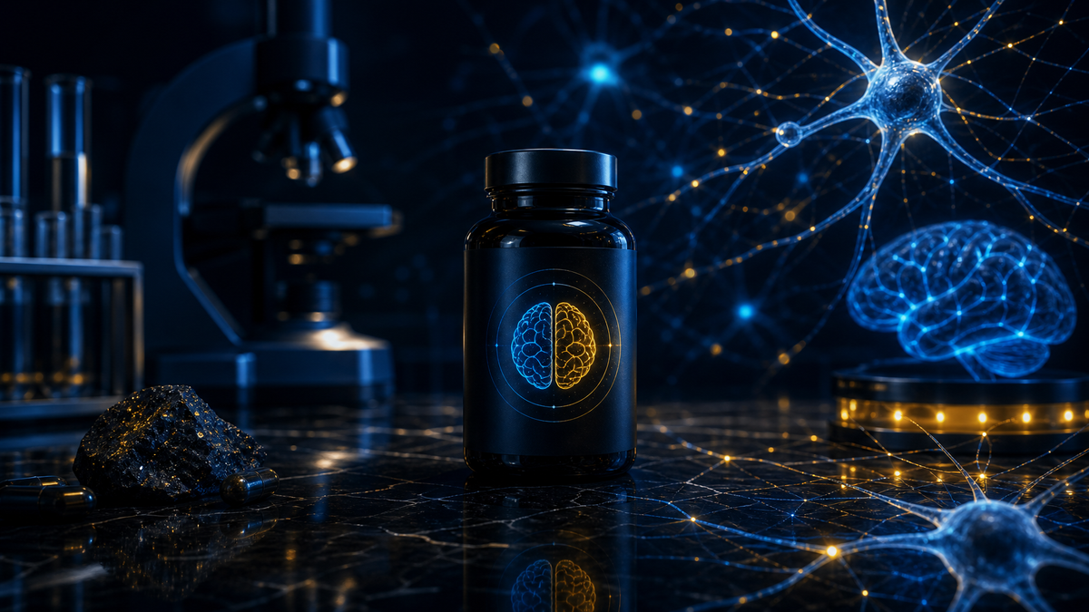 Dark cinematic image of a premium brain focus supplement bottle surrounded by glowing neural network visualizations in blue and gold