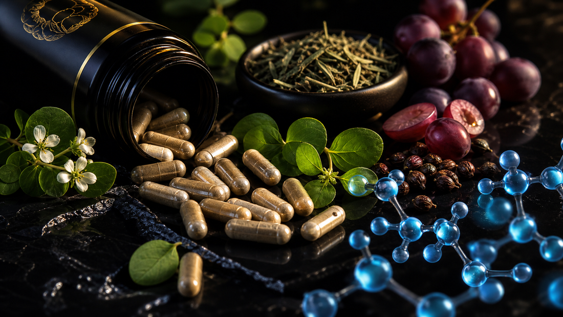 Premium nootropic focus formula capsules with botanical ingredients including bacopa, green tea, and phosphatidylserine on a dark surface