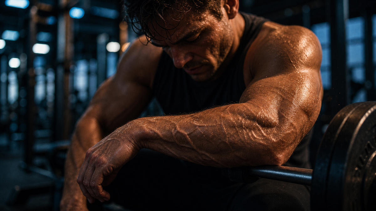 Vascular forearm on a barbell in a dim gym, illustrating blood-flow and nitric oxide output