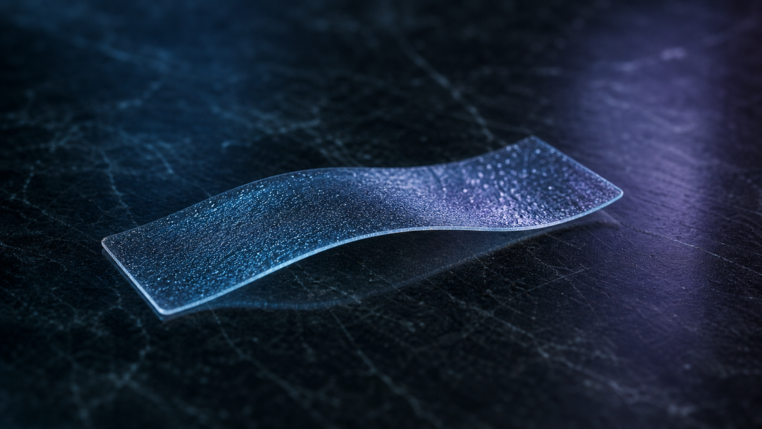 Sublingual oral dissolvable sleep strip on polished surface in clinical laboratory setting