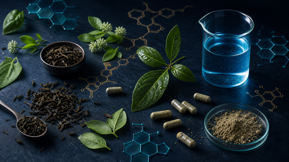 Nootropic focus formula ingredients flat-lay — botanicals, capsules, and molecular structures on dark background
