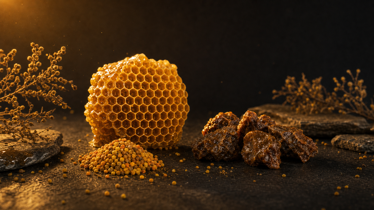 Golden fermented bee bread granules on dark stone with honeycomb