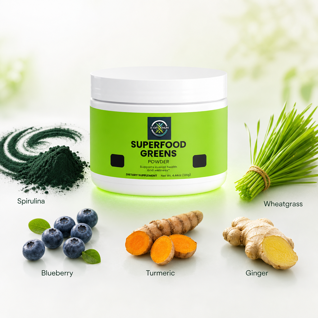 X-Optimum Superfood Greens Formula jar