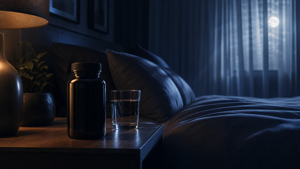 Optimized Sleep Formula supplement bottle on bedside table in a dark, moonlit bedroom — X-Optimum Wellness