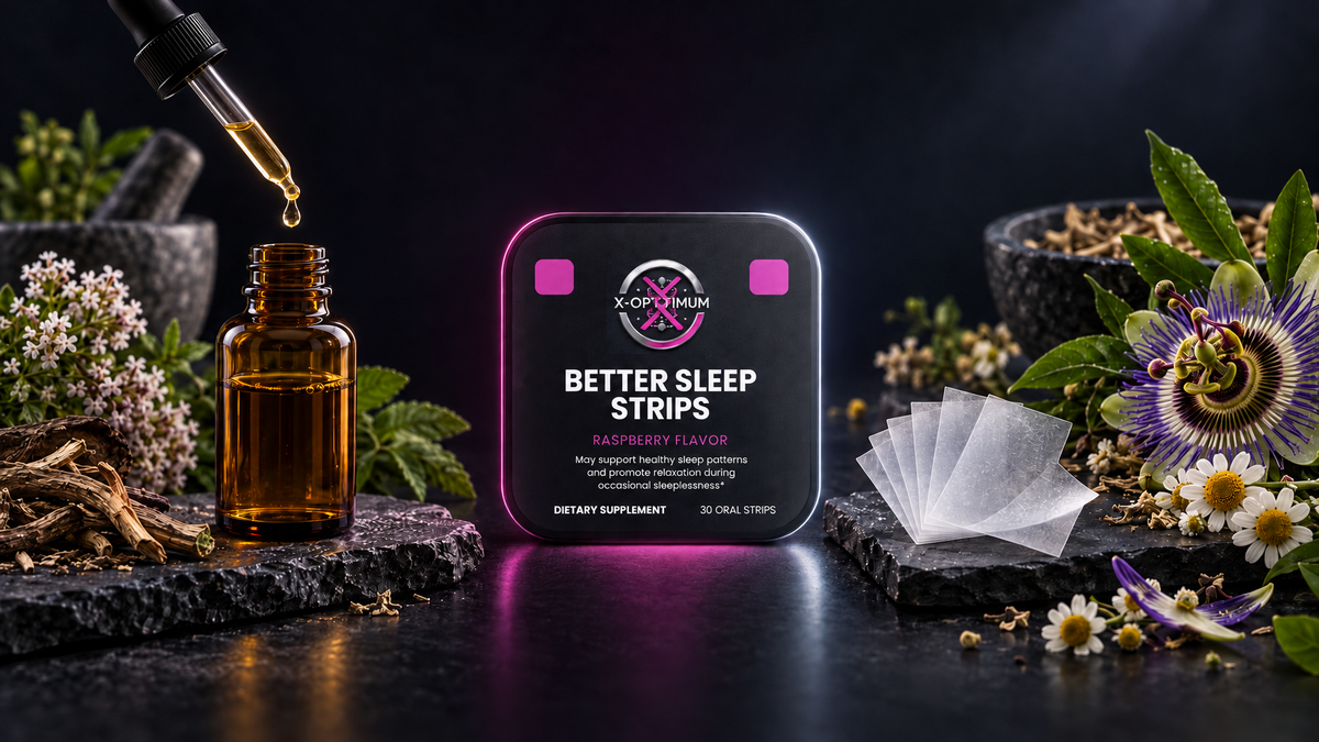 X-Optimum Better Sleep Strips pack with sublingual oral strips beside botanical ingredients