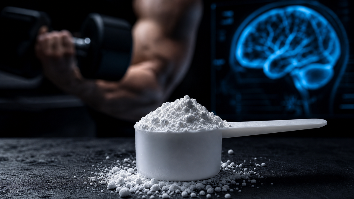 Creatine monohydrate powder scoop with brain and muscle science visualization — X-Optimum Wellness