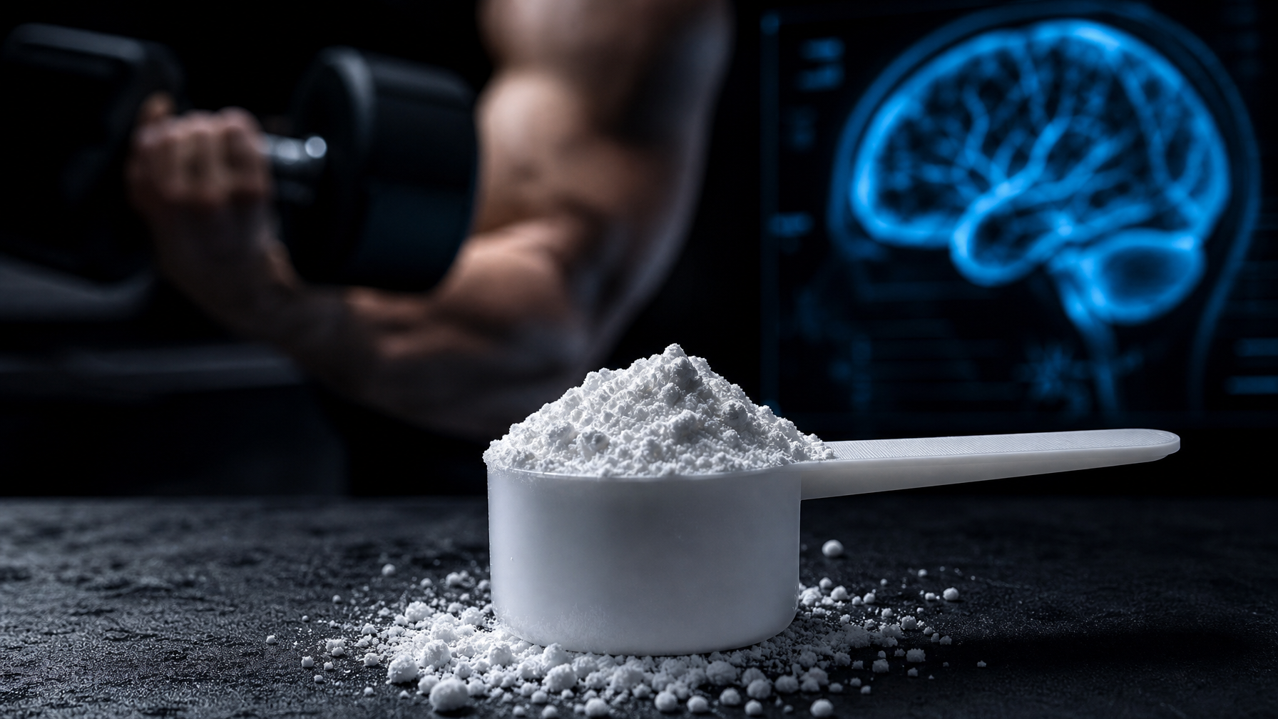 Creatine monohydrate powder scoop with brain and muscle science visualization — X-Optimum Wellness
