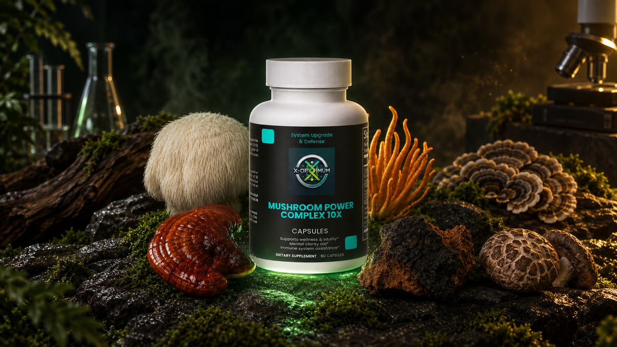 Optimized Mushroom Power Complex 10X bottle with functional mushrooms