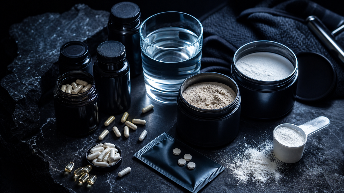 Premium biohacker supplement stack including creatine, collagen, NAD+, NMN, and resveratrol arranged on a dark stone surface with dramatic lighting