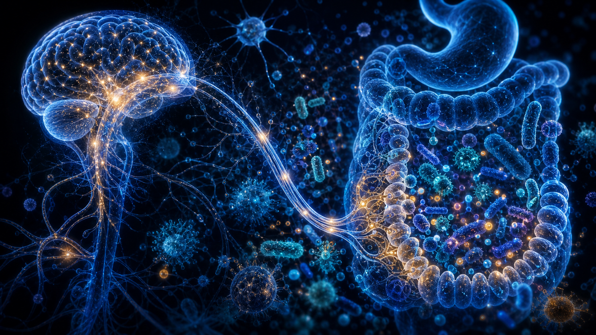 Scientific visualization of the gut-brain axis neural pathway and microbial signaling network