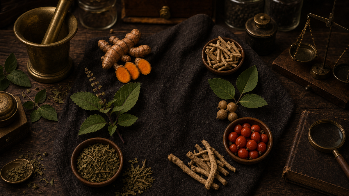 Ayurvedic botanicals including turmeric, holy basil, and adaptogen roots on a dark apothecary table