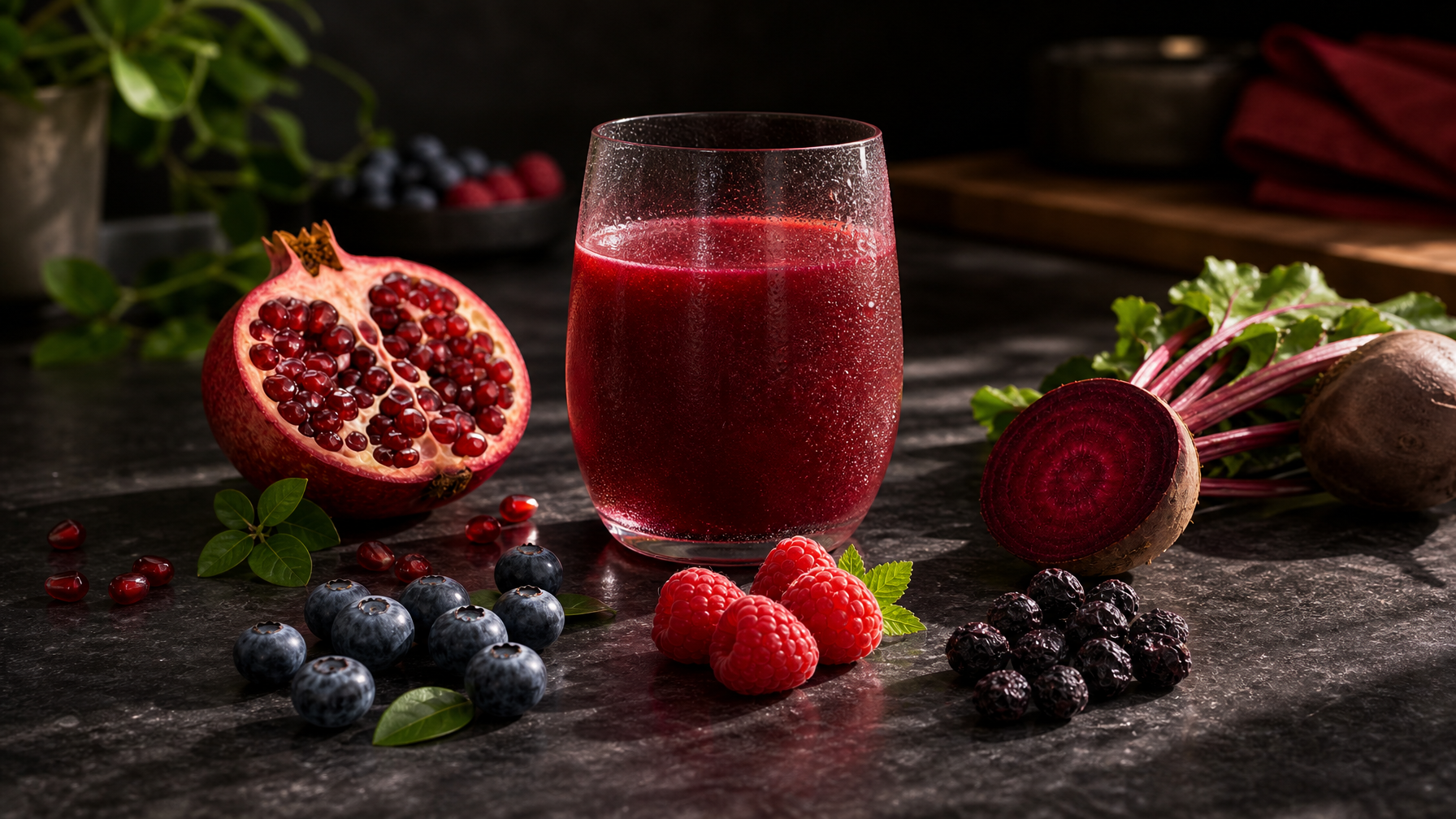 Glass of red superfood drink with berries and beet on a dark counter