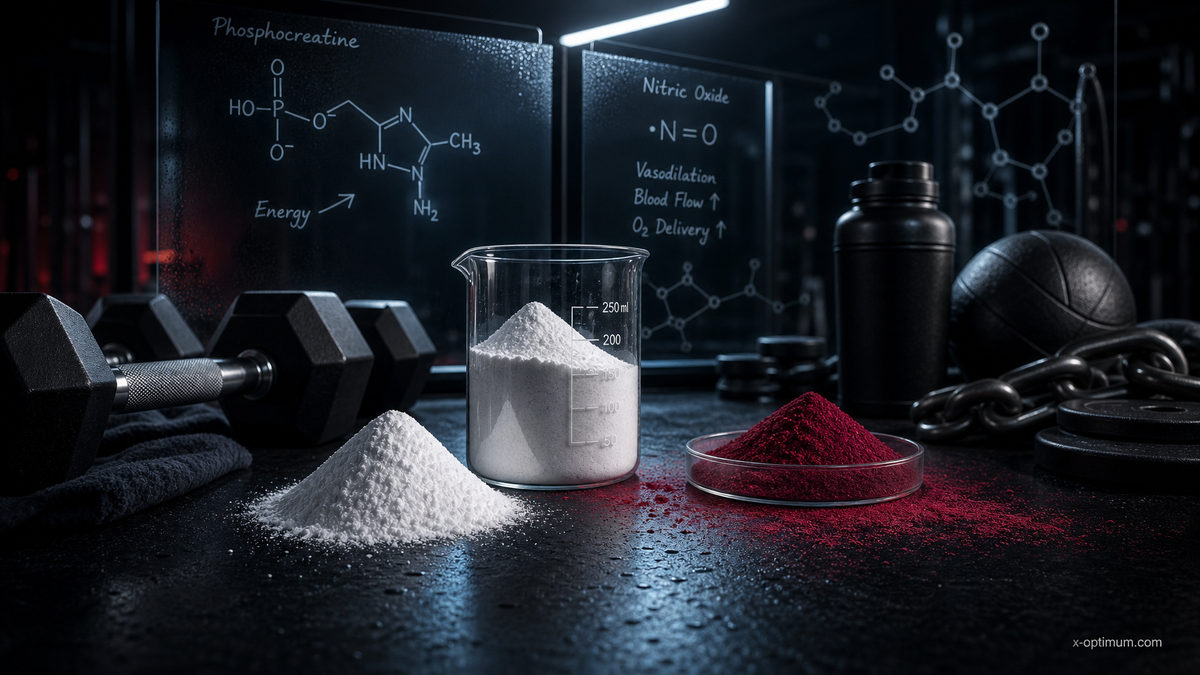 Editorial gym-lab still life for Andy Galpin sports performance supplement protocol