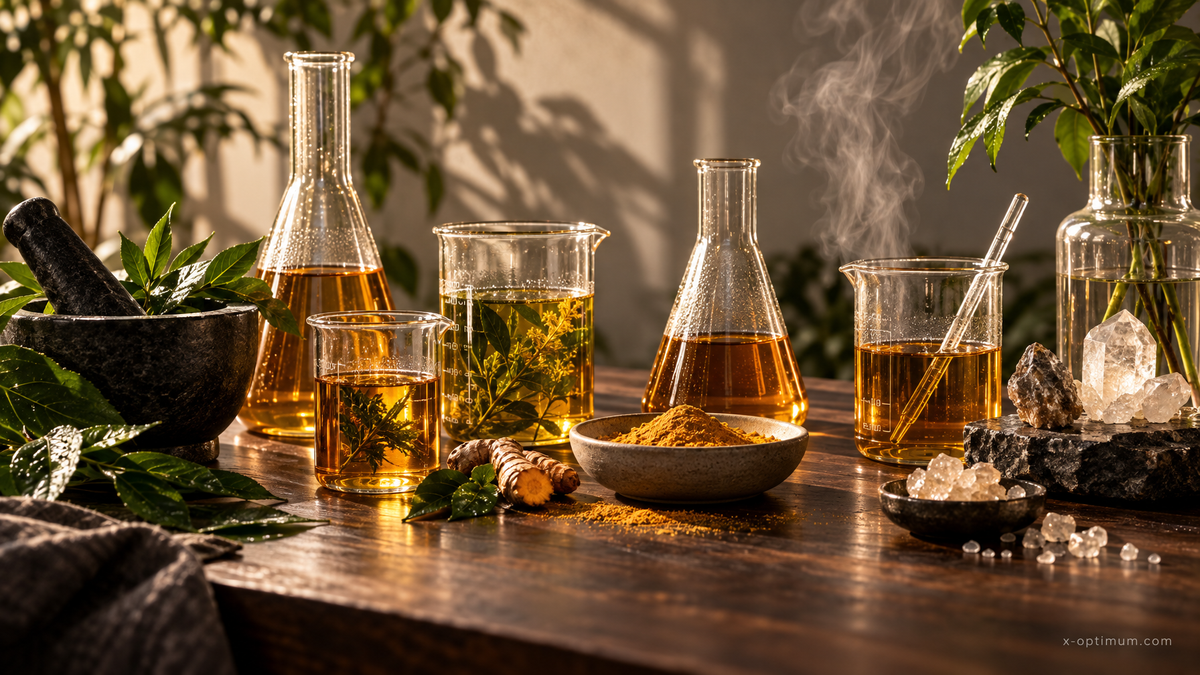 Editorial still life of botanical extracts and laboratory glassware for a functional medicine supplement protocol
