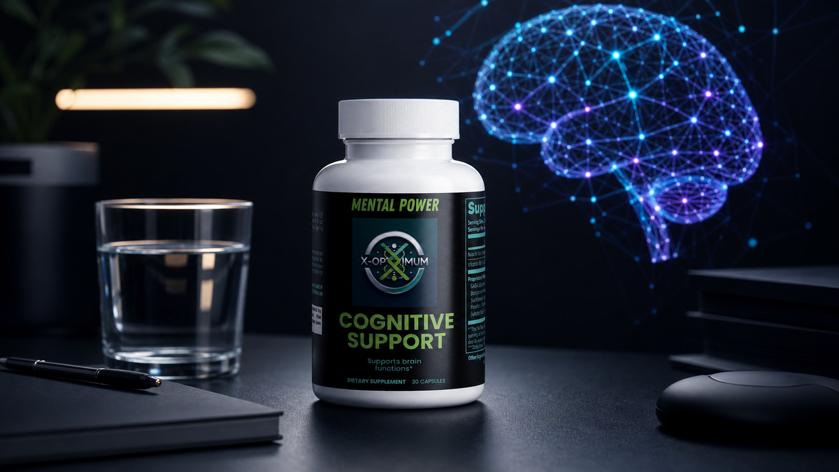 Cognitive Support Multivitamin by X-Optimum Wellness with brain neuron visualization