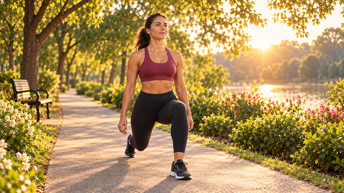 Athletic person performing walking lunges outdoors along sunlit park pathway in morning light