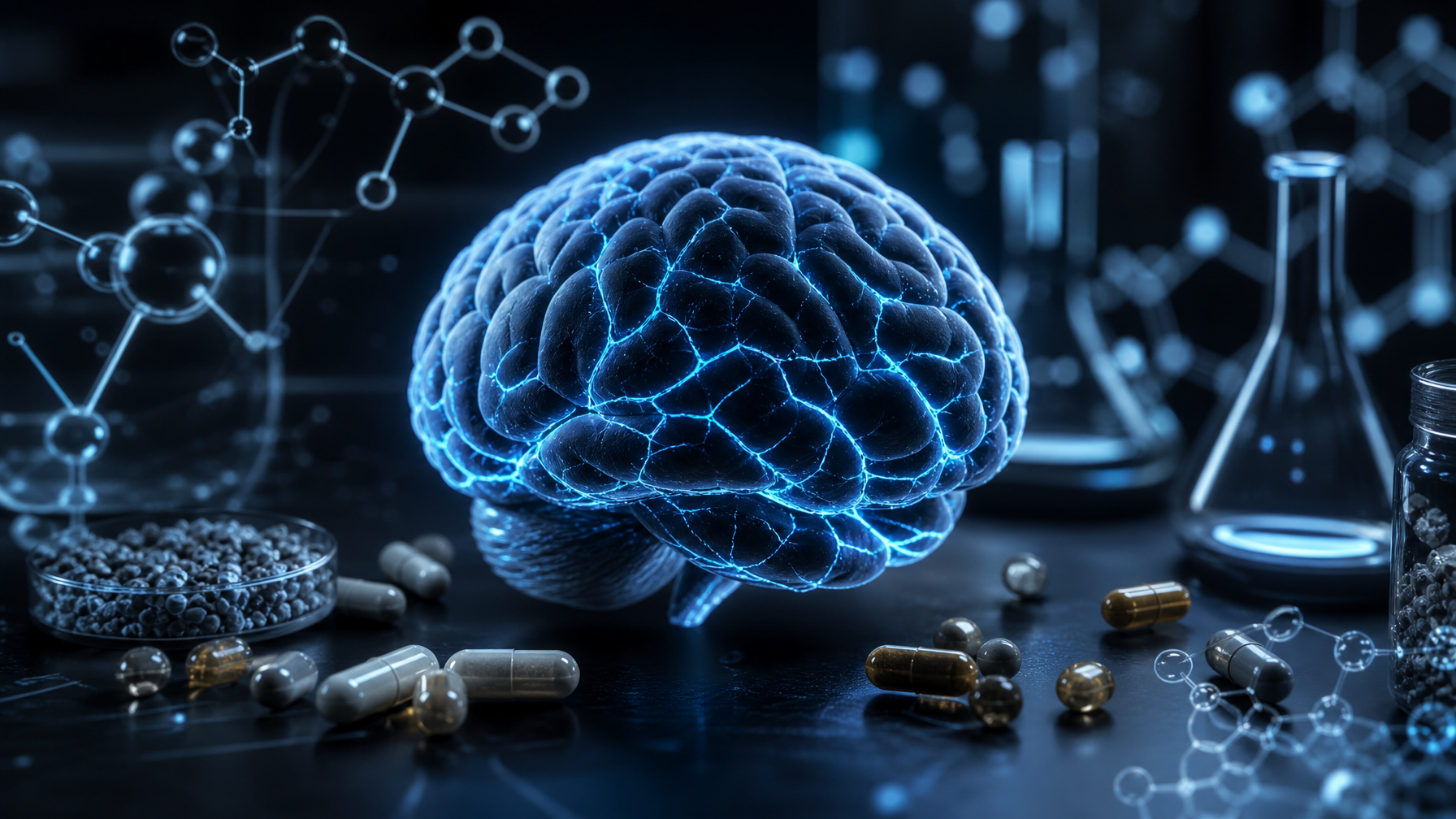 Neural connections and brain supplement capsules in a cinematic blue-lit lab — focus formula ingredients visual