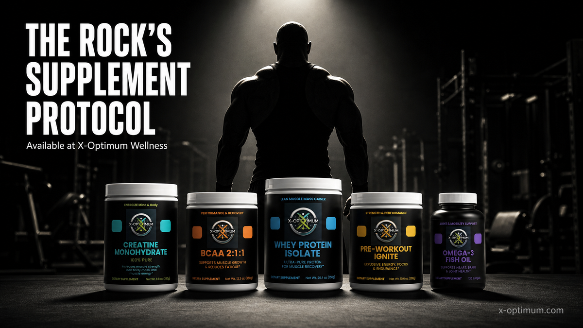 Dwayne The Rock Johnson supplement protocol — cinematic gym aesthetic with supplement stack