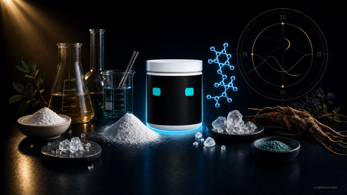 Editorial still life of creatine, minerals, and botanicals for a fasting hormone protocol
