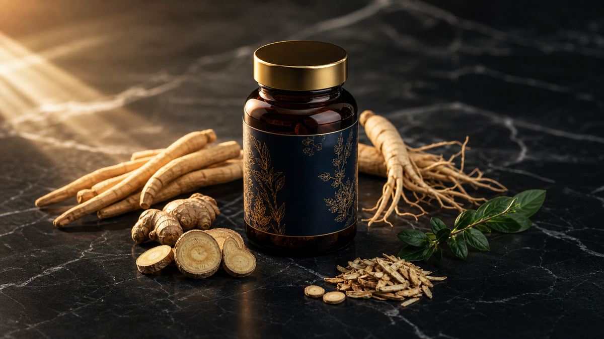 Enhanced Women Multivitamin with adaptogens, B-vitamins, and botanical ingredients on dark marble surface