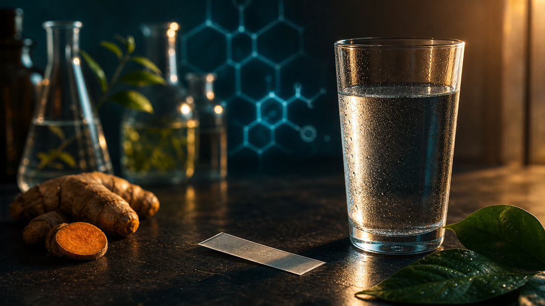 Cinematic still of a dissolving oral strip and glass of water symbolizing hangover prevention and liver recovery
