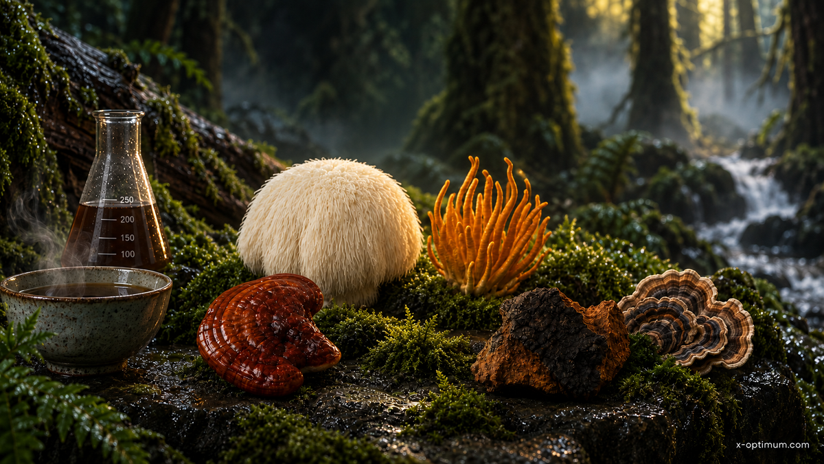 Editorial forest-lab still of medicinal mushroom specimens, flask, and tea, no celebrity likeness
