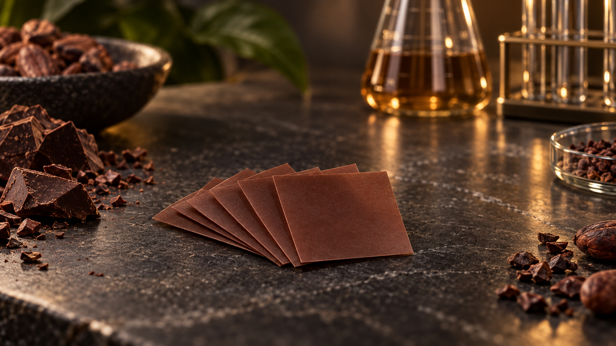Chocolate oral dissolving strips on dark stone with laboratory glassware