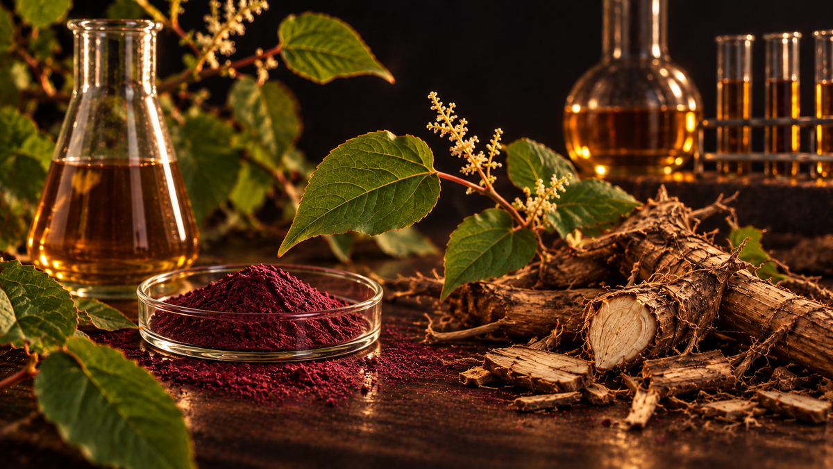 Japanese knotweed root and trans-resveratrol extract in laboratory glassware