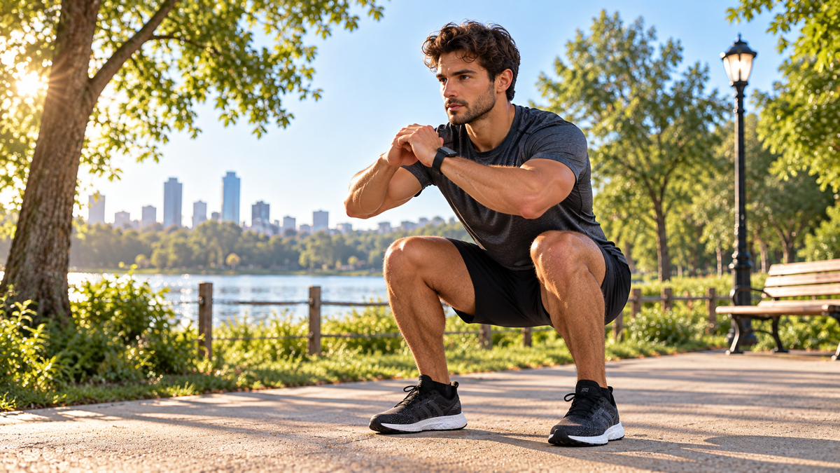 Athletic man performing bodyweight squats outdoors in sunny park