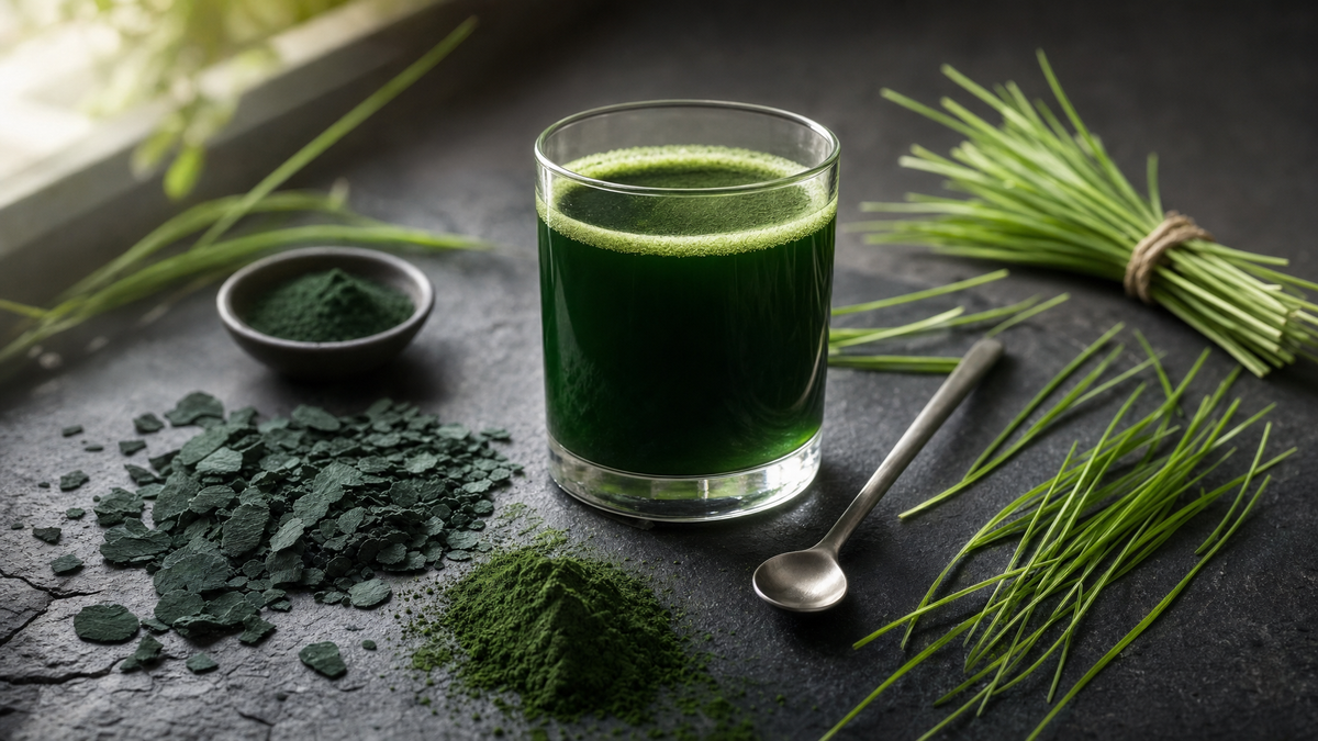 Emerald greens powder mixed in a glass with wheatgrass and spirulina on dark stone