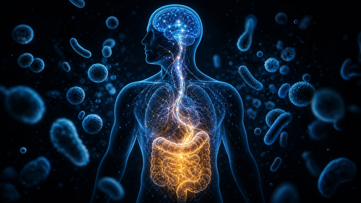 Scientific visualization of the gut-brain axis showing neural pathways connecting the microbiome to the brain
