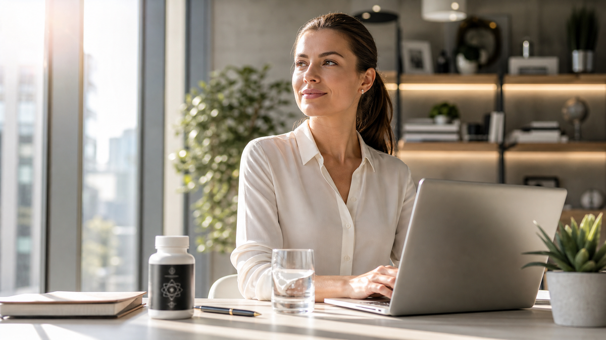 Woman at desk with supplement bottle. Daily multivitamin for women