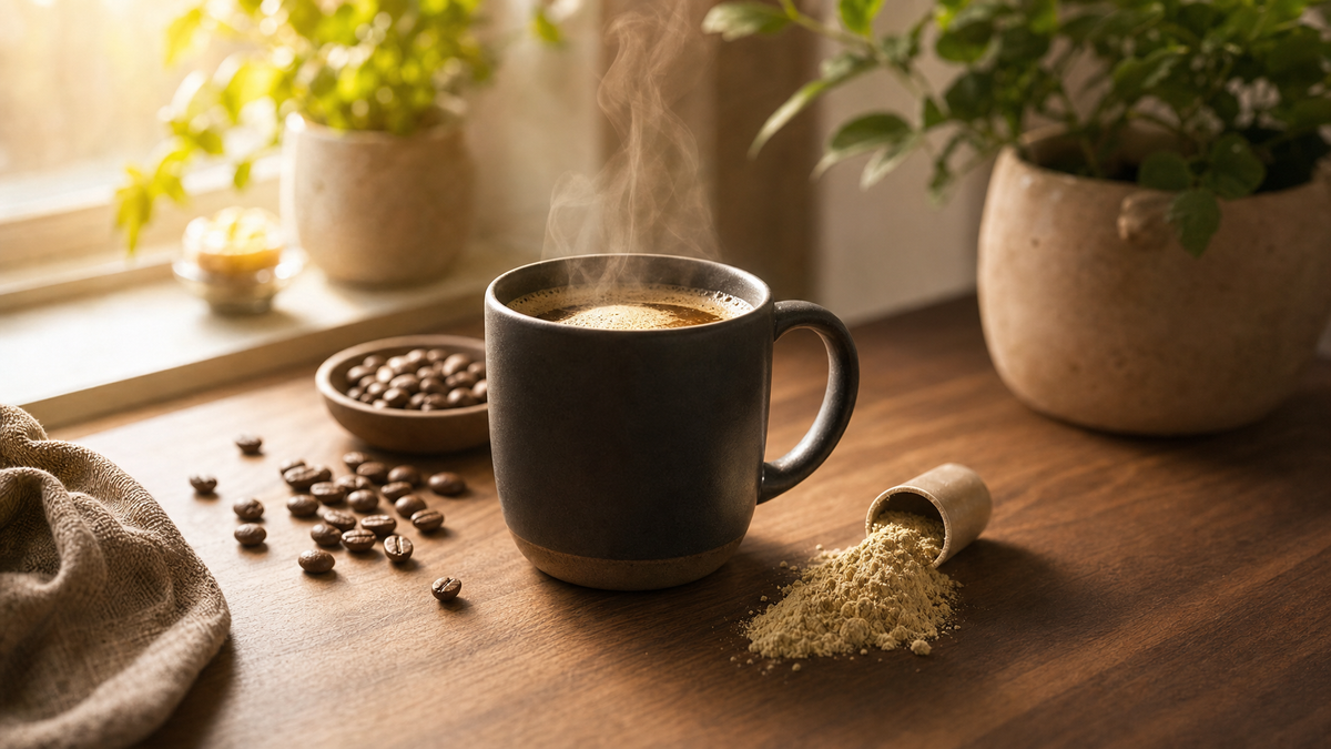 Mug of medium-roast hemp protein coffee on a walnut desk at dawn
