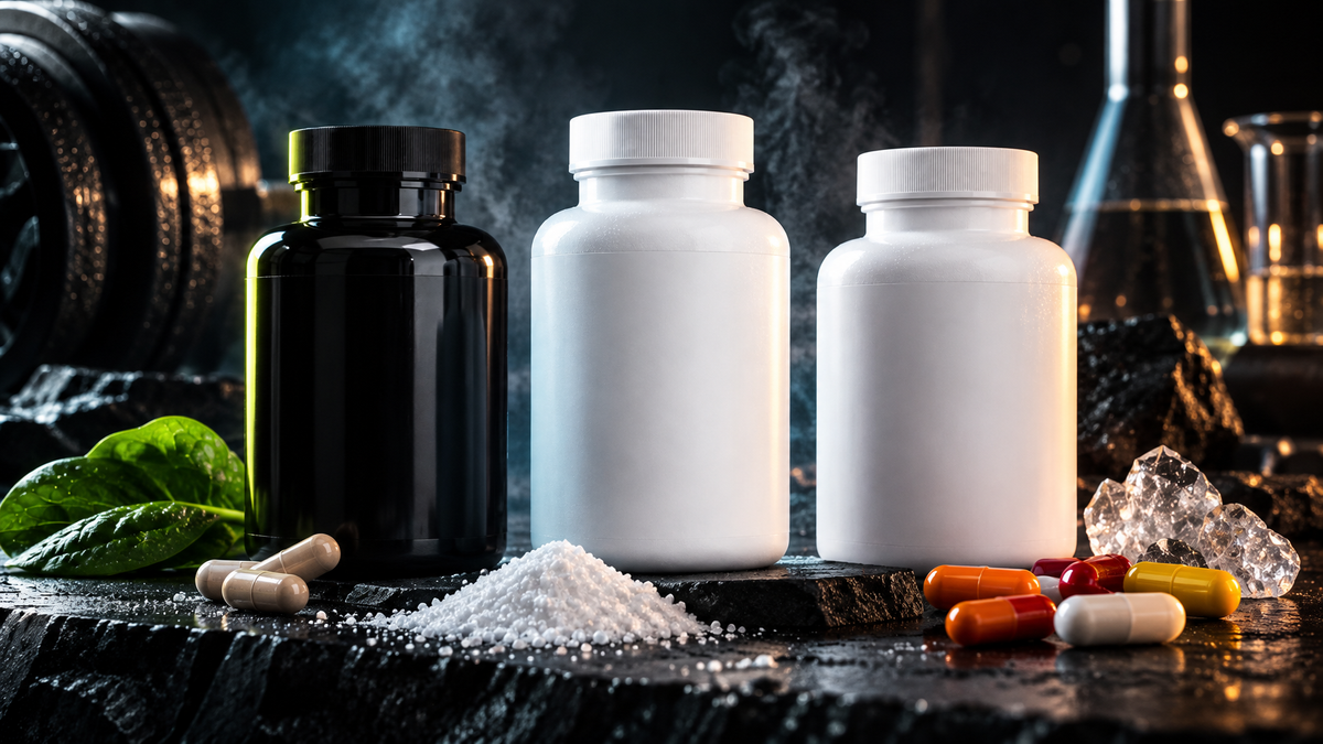 Three-bottle men's daily supplement stack on a dark lab surface