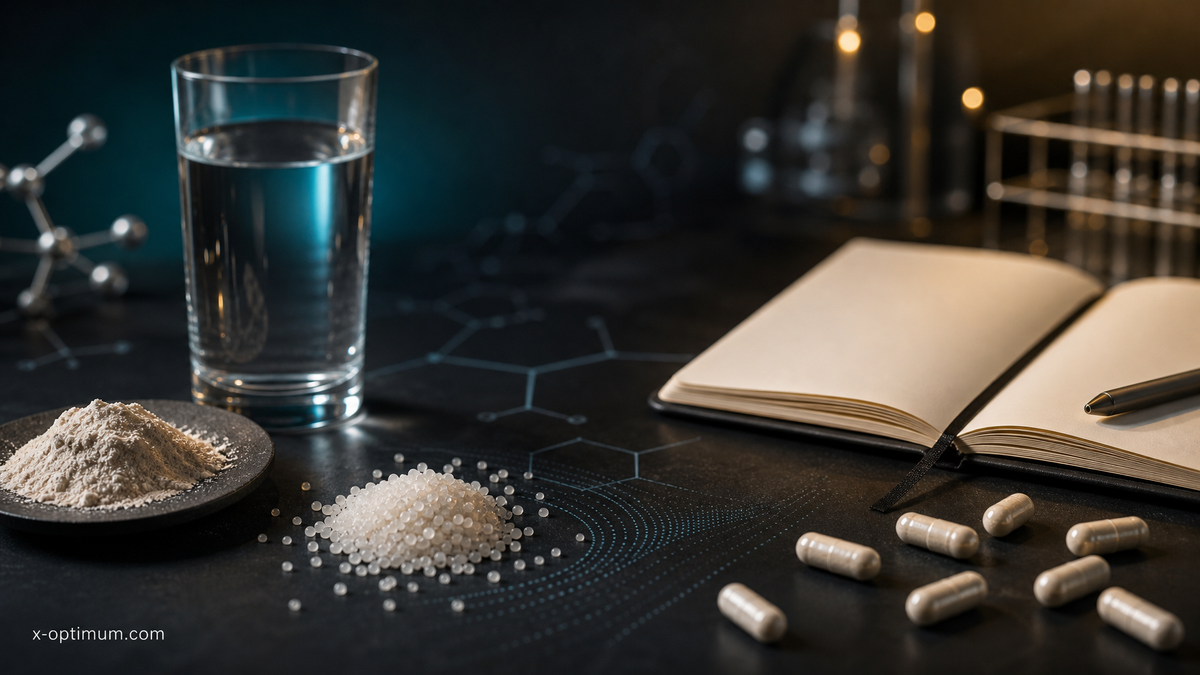 Editorial scientific still life of supplements and notebook for Tim Ferriss self-experimentation protocol