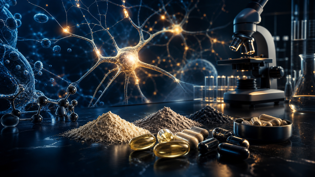 Cinematic visualization of brain supplement capsules with glowing neural network connections on a dark surface, representing focus formula ingredients
