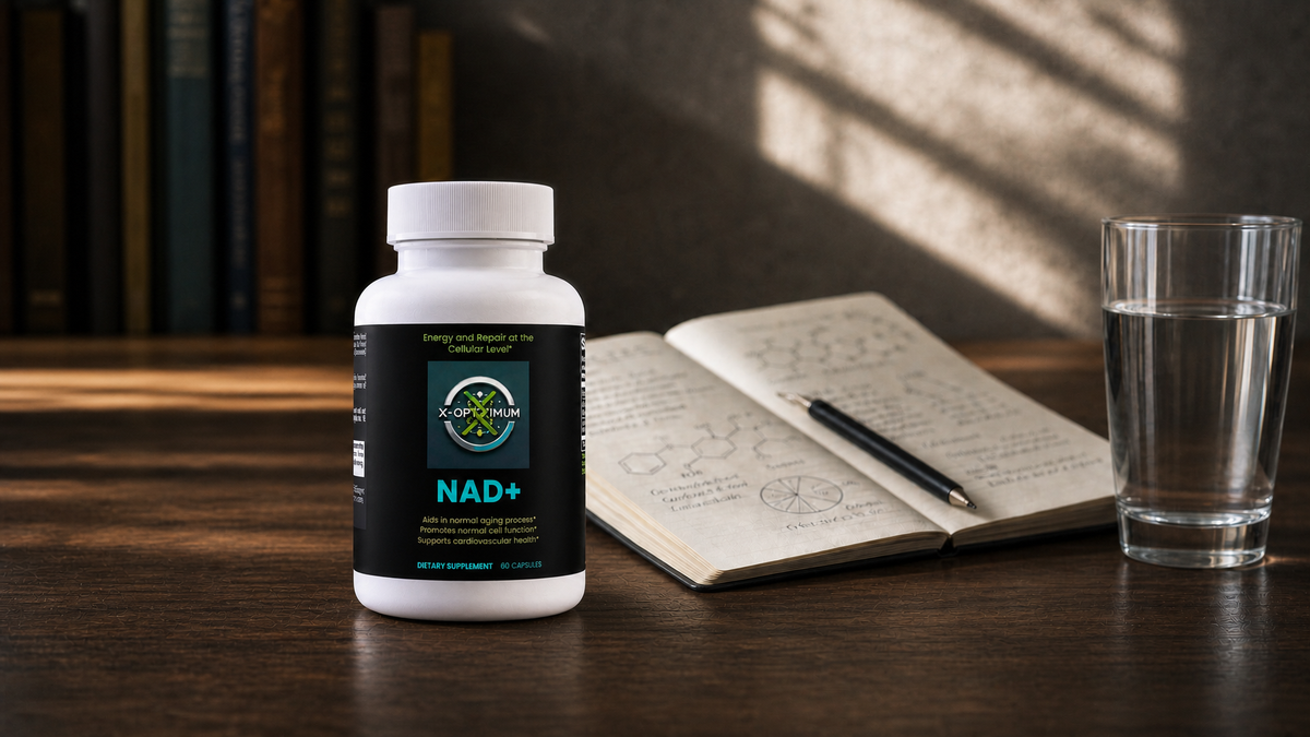 X-Optimum Optimized NAD+ bottle on a desk with notebook and water