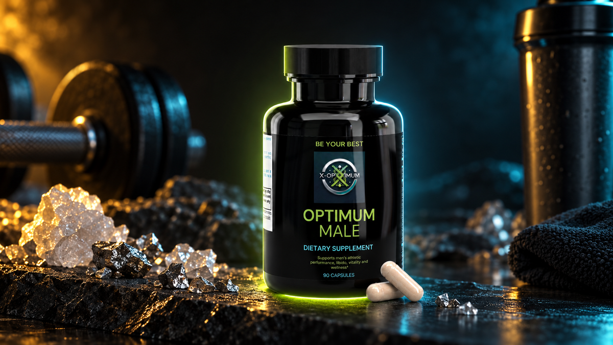 Optimum Male Multivitamin bottle on dark stone with mineral crystals