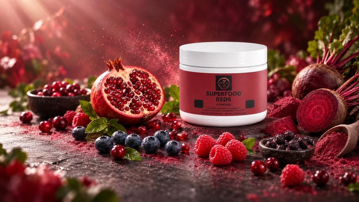 X-Optimum Superfood Reds Formula with beets, berries, and red superfood powder