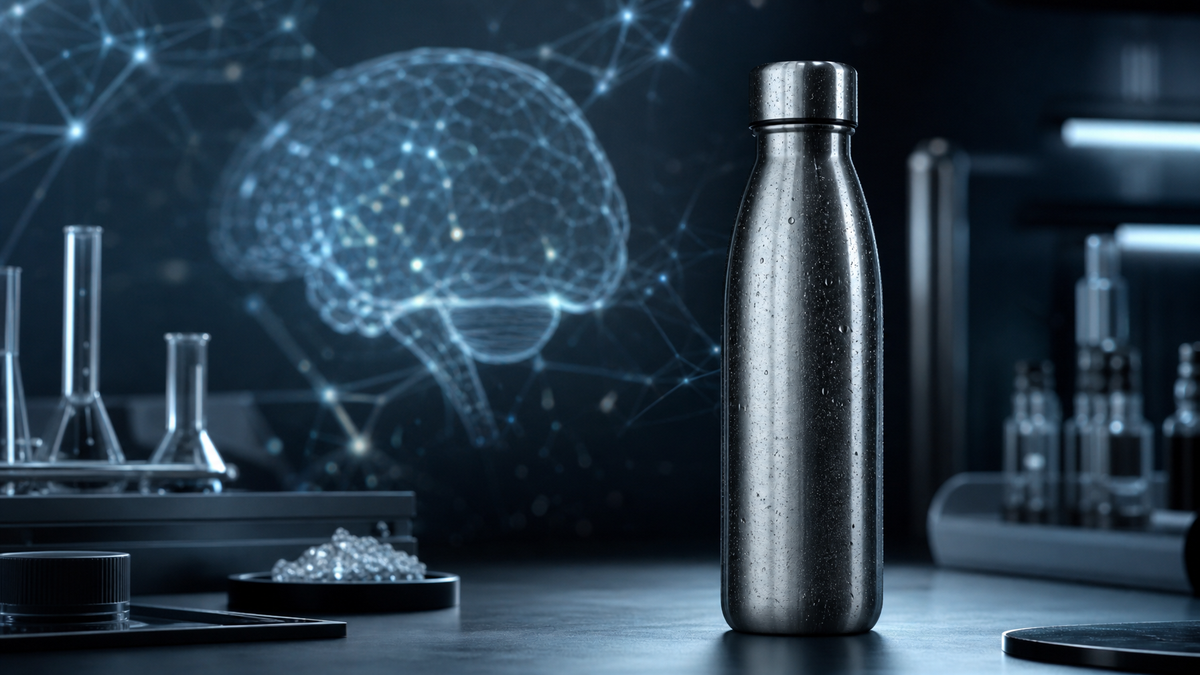Insulated stainless steel water bottle on a lab-style surface with neural light patterns suggesting hydration and cognitive performance