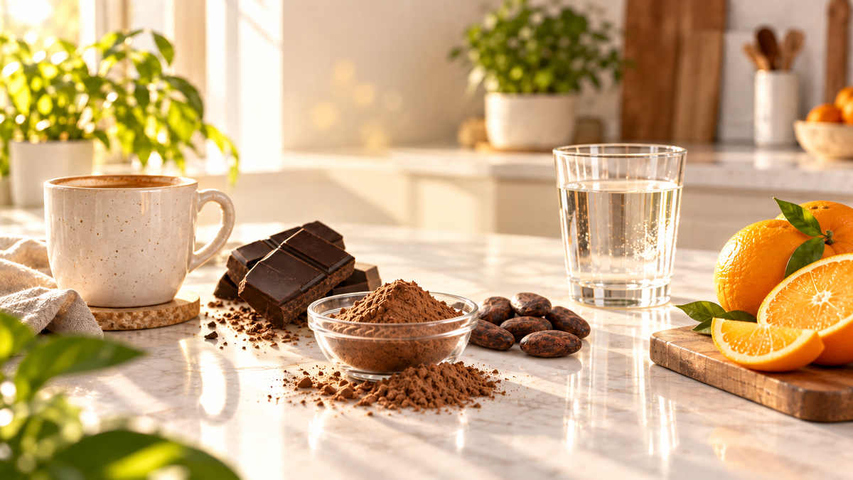 Editorial kitchen still life of coffee, citrus, and collagen powder, no celebrity likeness