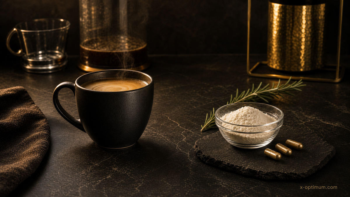 Editorial still of coffee, collagen powder, and capsules. No celebrity likeness.