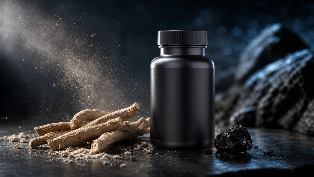 Ashwagandha root and shilajit resin beside a supplement bottle on dark stone — adaptogen complex product photography