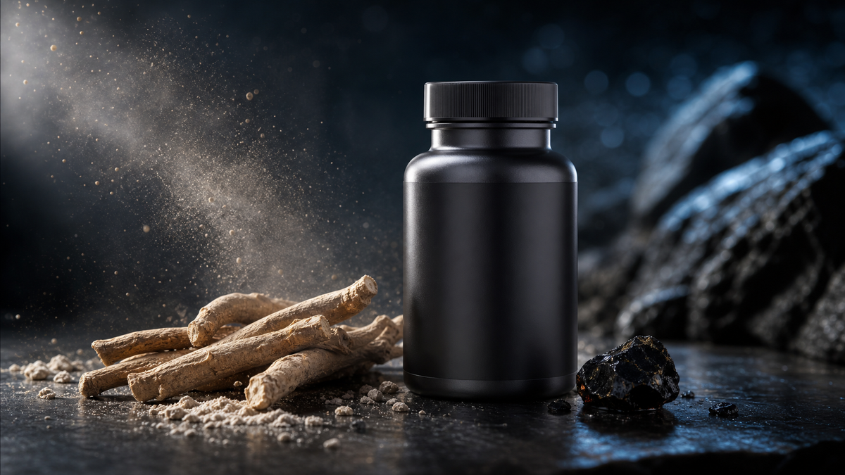 Ashwagandha root and shilajit resin beside a supplement bottle on dark stone — adaptogen complex product photography