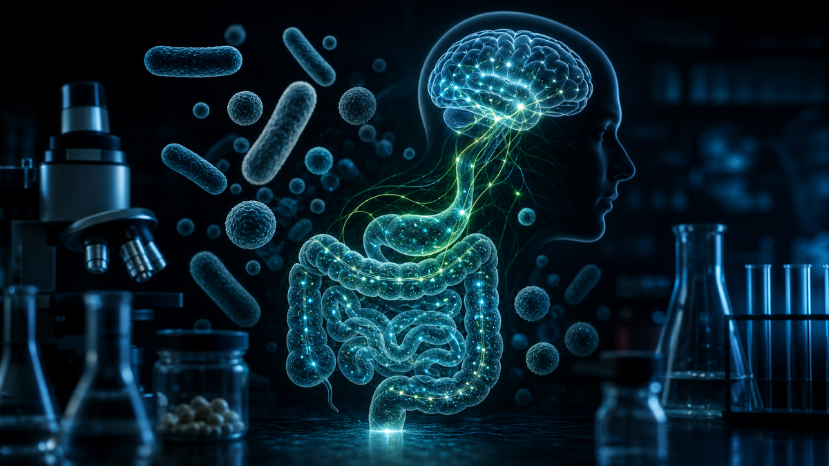 Cinematic gut-brain axis illustration with bioluminescent neural pathways connecting gut and brain, representing the science of probiotics and mental clarity