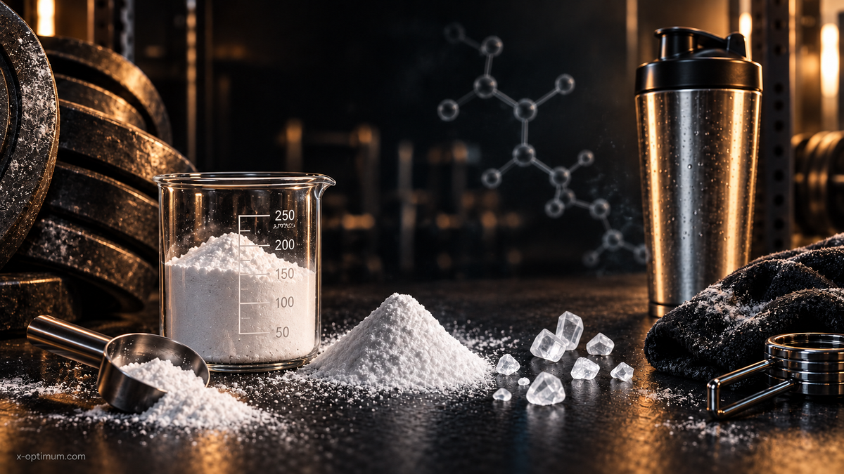 Editorial gym-lab still life of creatine powder, shaker, and iron plates for Layne Norton stack article
