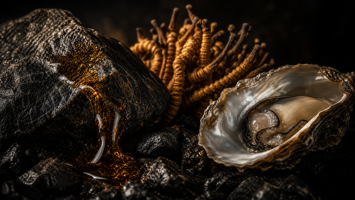 Shilajit mineral resin, Cordyceps mushroom, and oyster shell on dark stone — the three compounds in X-Optimum Vitality TripleStack Strips