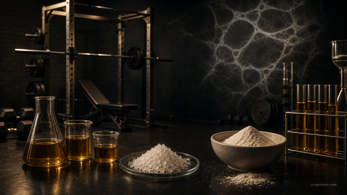 Editorial still life of creatine crystals, collagen peptides, and lab glassware with a gym rack in the background