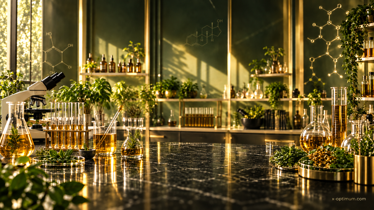 Editorial laboratory still of botanical extracts on marble, X-Optimum Wellness header for Dr. Sara Gottfried hormone protocol