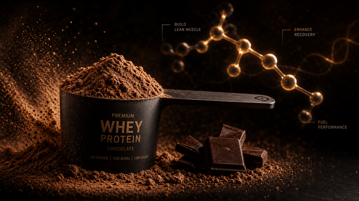 Dark studio photography of chocolate collagen peptide powder with molecular peptide chain visualization in amber light